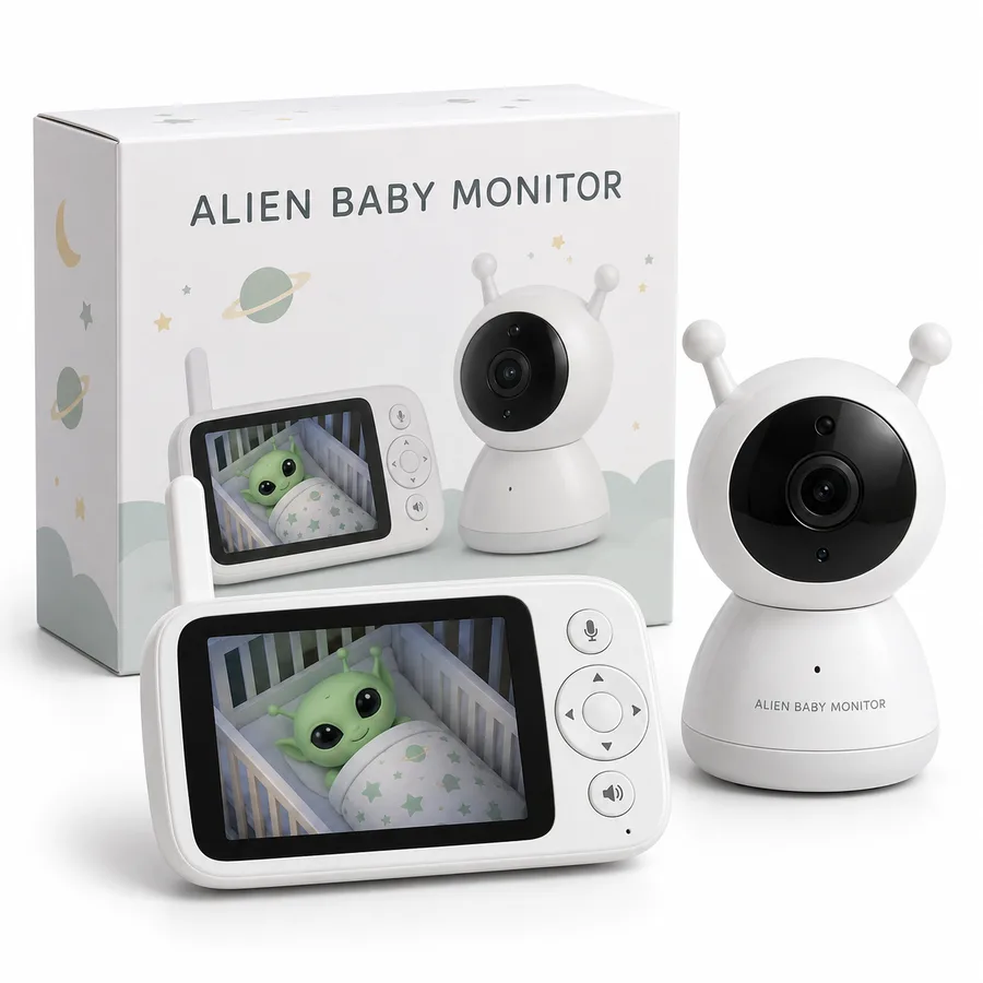 Alien Baby Monitor: a camera and parent screen showing a green alien in a crib