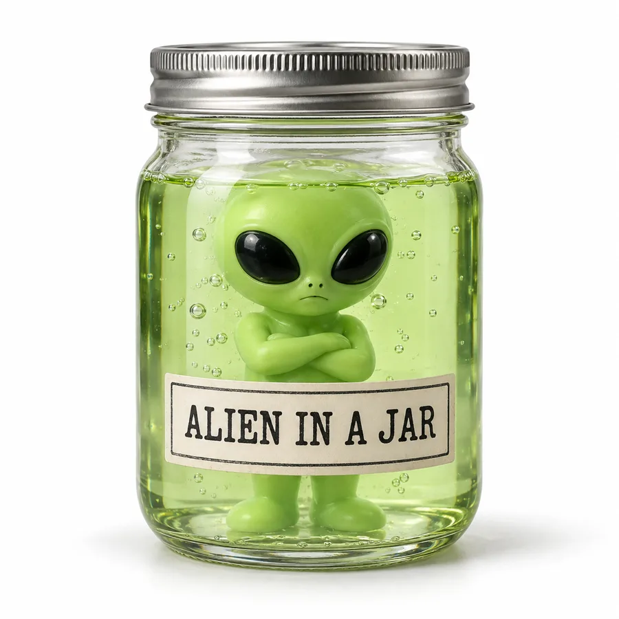 Alien in a Jar: a small green alien with crossed arms in a glass jar of green liquid