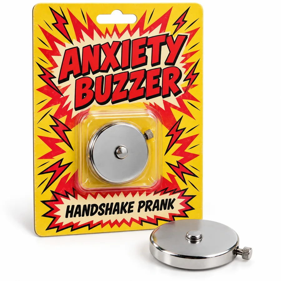 Anxiety Buzzer: a chrome palm buzzer on a retro card-backed package
