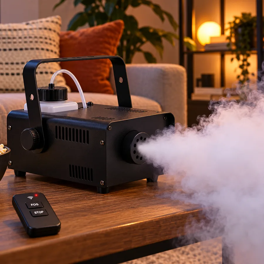 Fog Machine for Awkward Silences: a black fog machine with a remote, puffing a cloud of fog