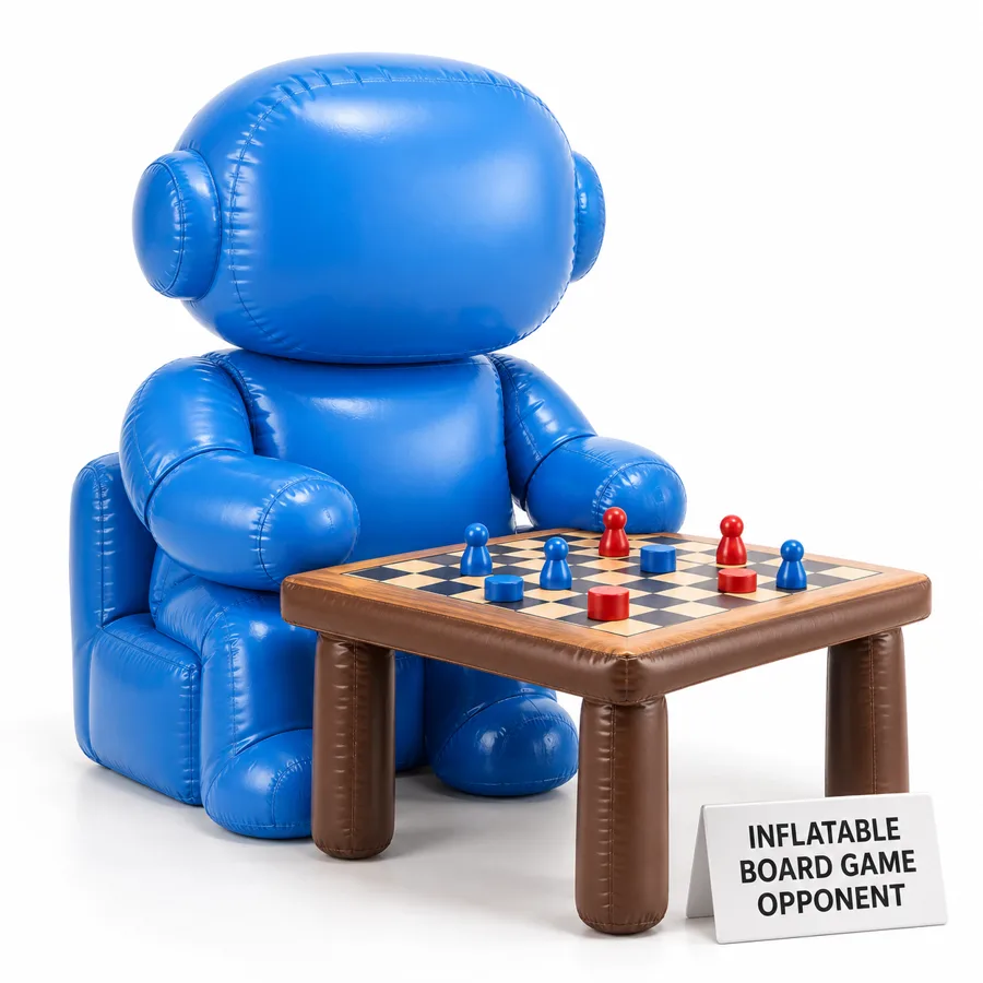 Inflatable Board Game Opponent: a blue inflatable figure at a checkers table
