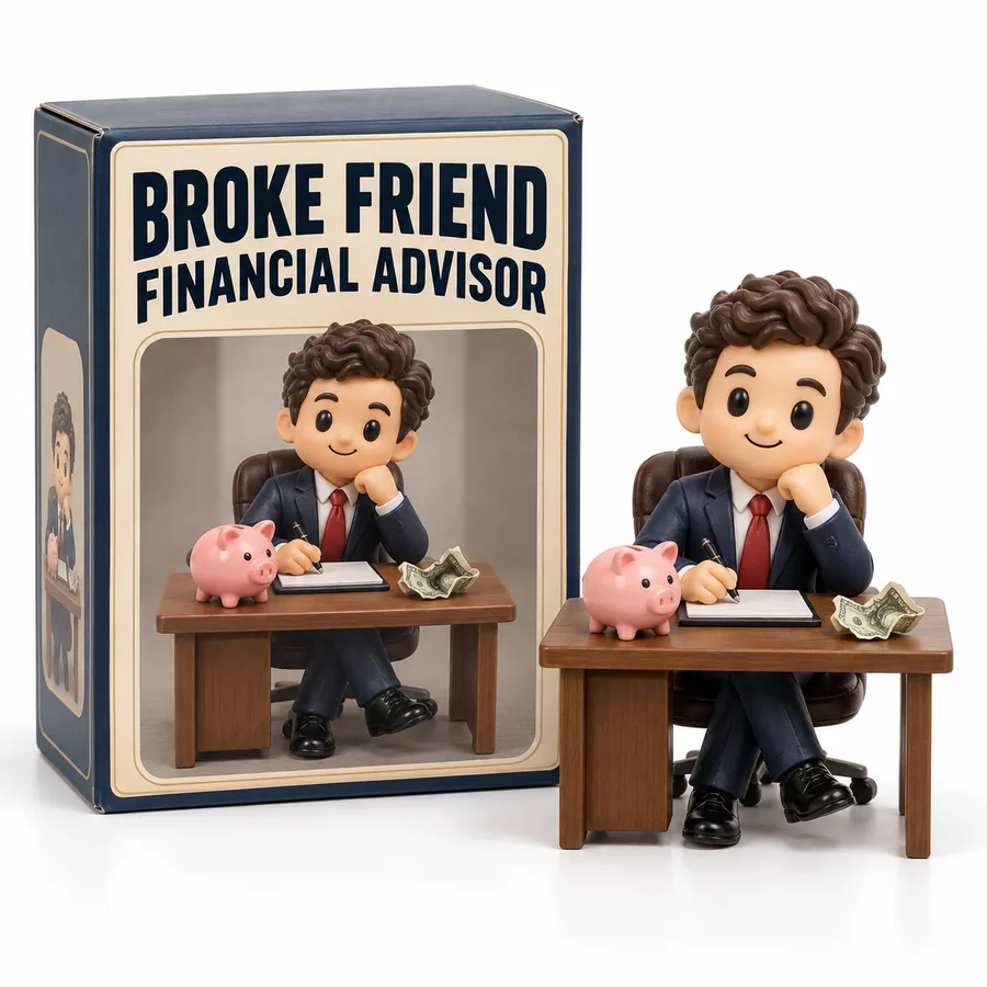 Broke Friend Financial Advisor: a figurine in a suit at a tiny desk with a piggy bank
