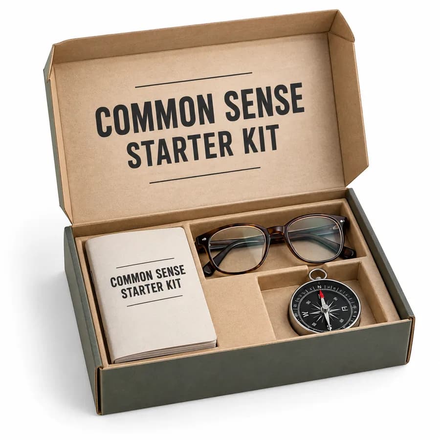 Common Sense Starter Kit: an open kit box with a booklet, glasses, and a compass