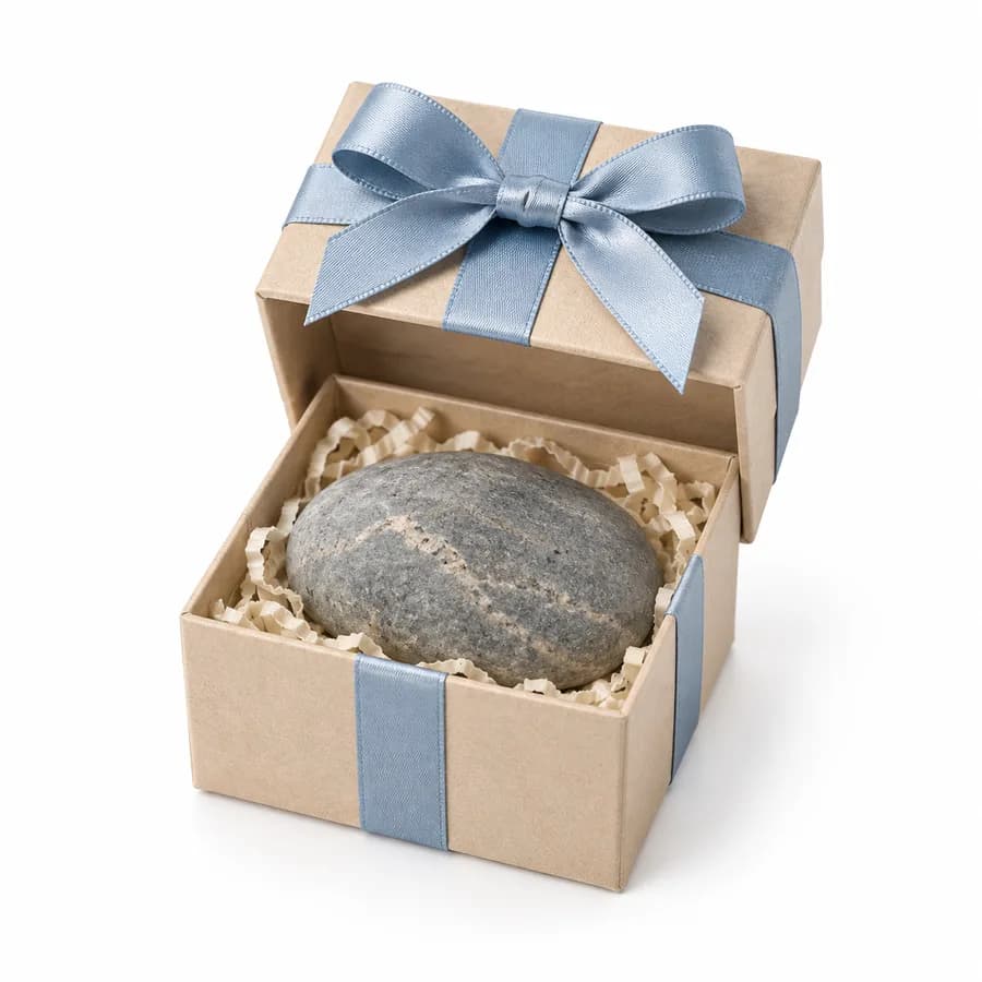 Companion Pebble: one smooth pebble in a small gift box with a blue bow
