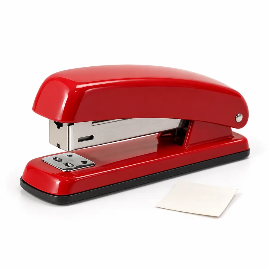 Stapler That Files a Complaint: a red desk stapler with a small paper note