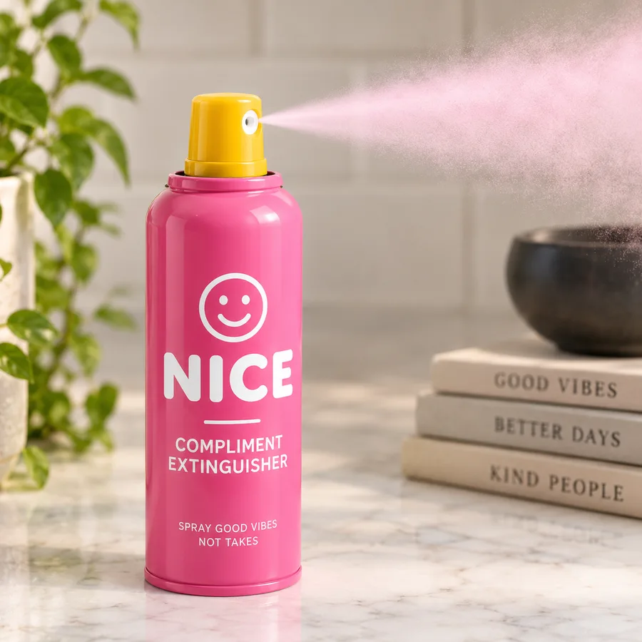 Compliment Extinguisher: a pink spray can with a smiley face and the word NICE
