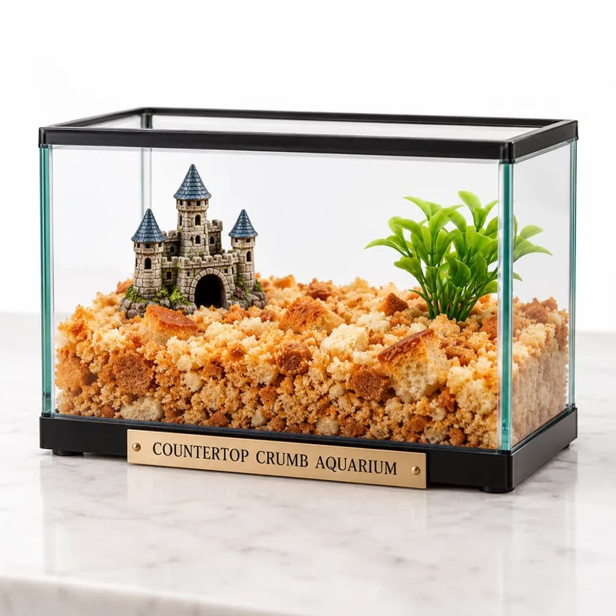 Countertop Crumb Aquarium: a glass tank of toast crumbs with a tiny castle