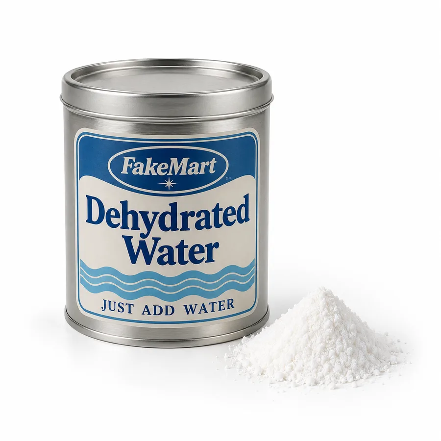 Dehydrated Water: a silver tin with a blue and white label and a small pile of powder