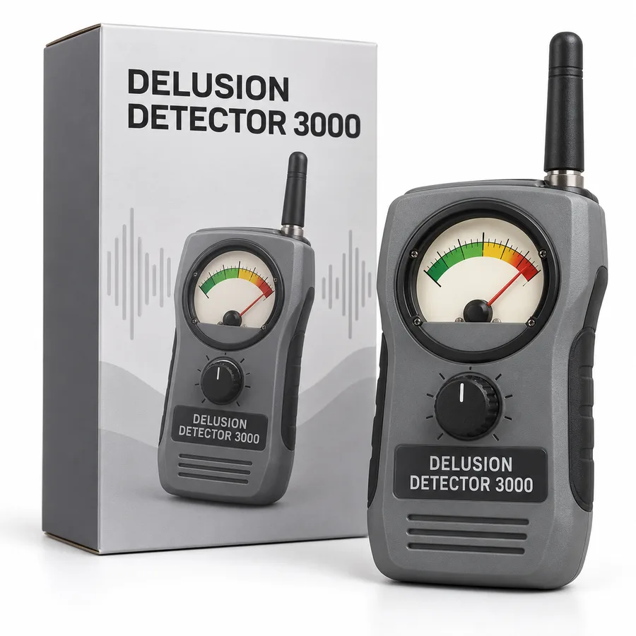 Delusion Detector 3000: a handheld gauge detector next to its box