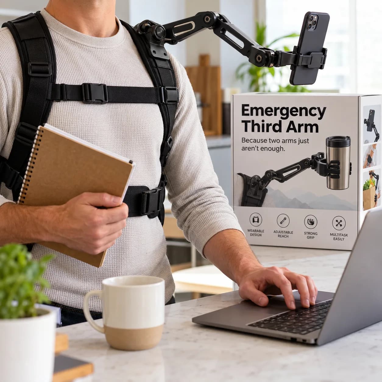 Emergency Third Arm: a robotic arm on a body harness holding a phone, next to its FakeMart box