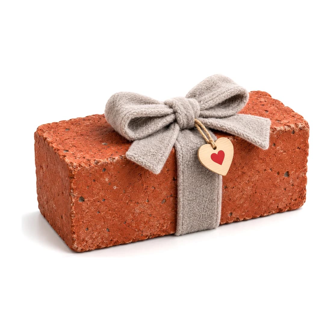 Emotional Support Brick with a grey fleece bow and heart tag