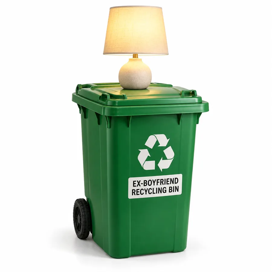 Ex-Boyfriend Recycling Bin: a green recycling bin with a lamp on top