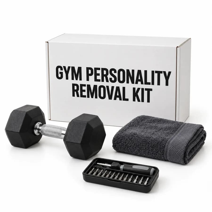 Gym Personality Removal Kit: a box with a dumbbell, towel, and screwdriver set