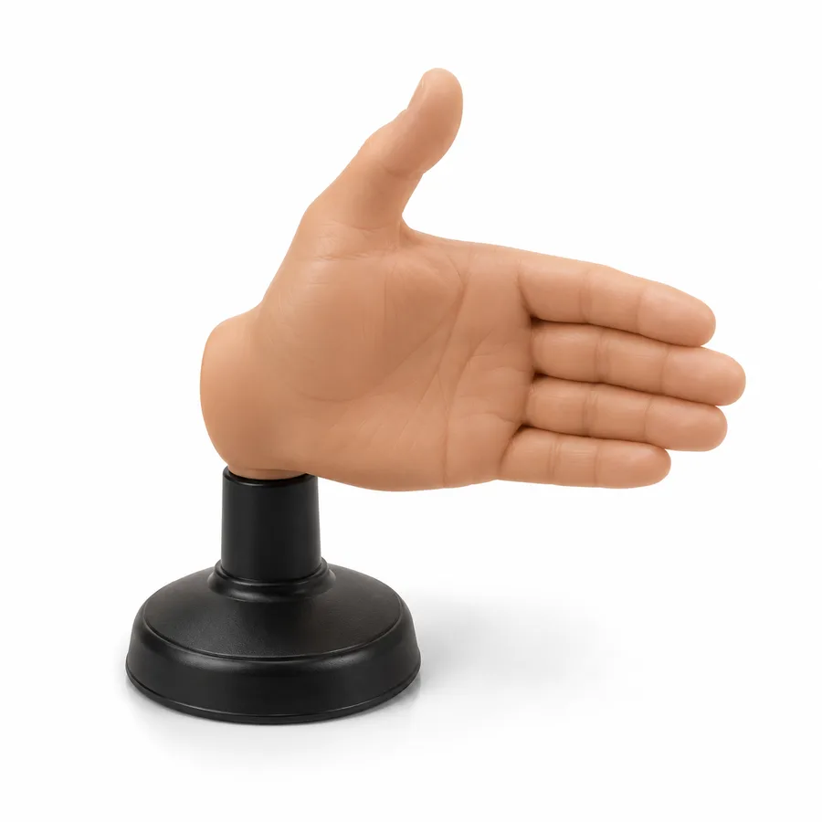 Left-Handed Handshake Trainer: a rubber practice left hand on a stand