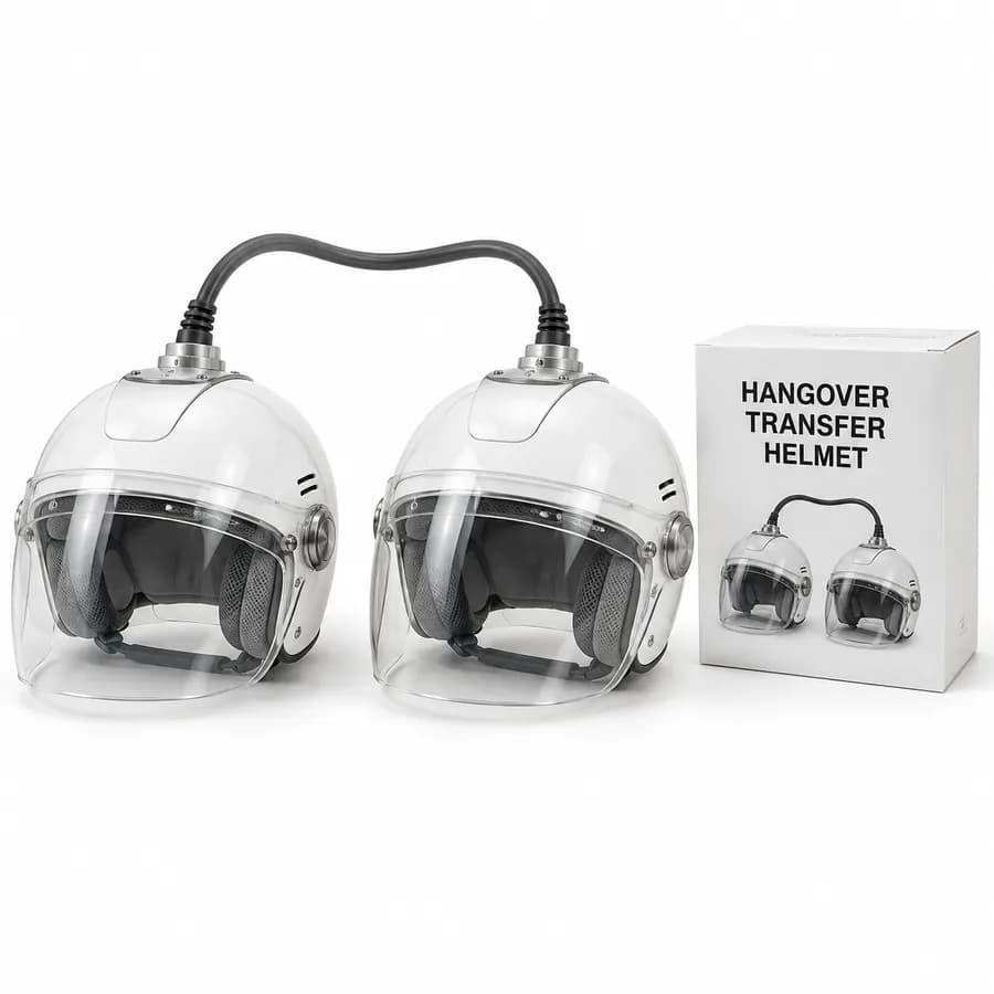 Hangover Transfer Helmet: two clear-visor helmets joined by a cable