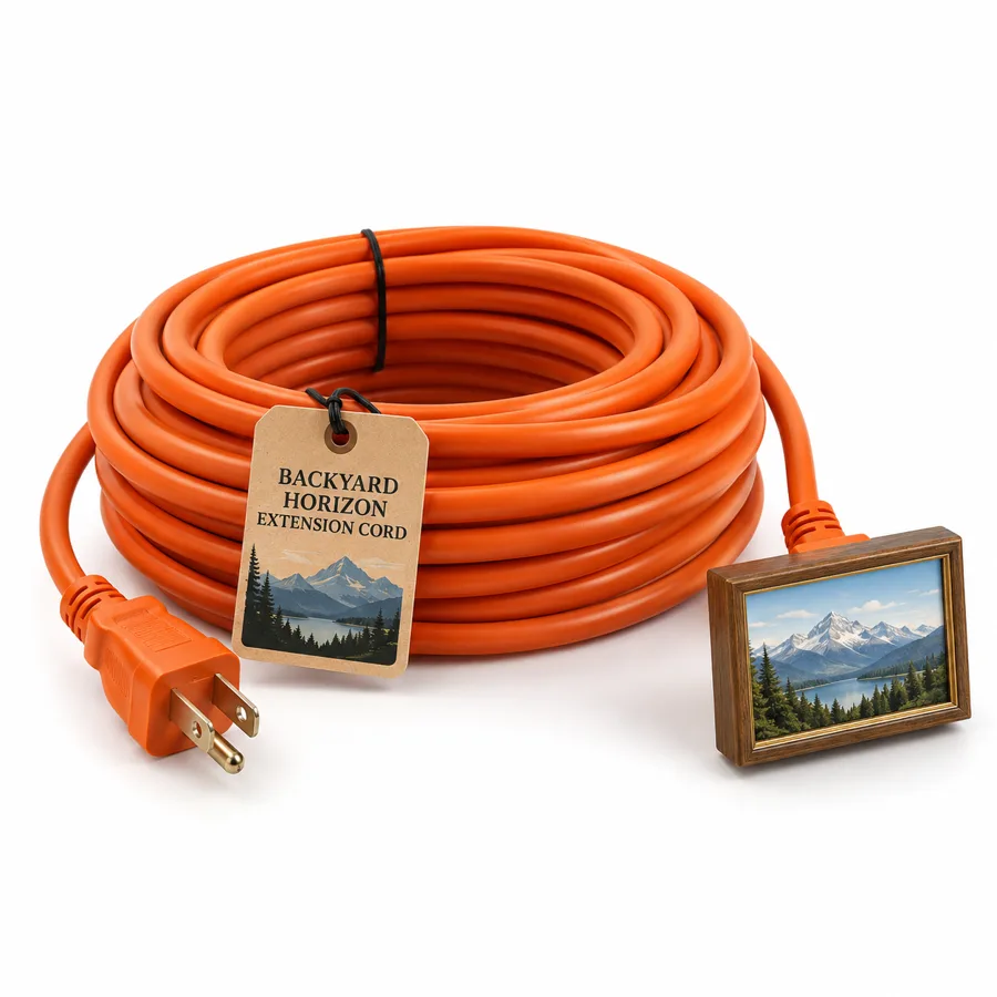 Backyard Horizon Extension Cord: an orange cord with a small framed mountain picture