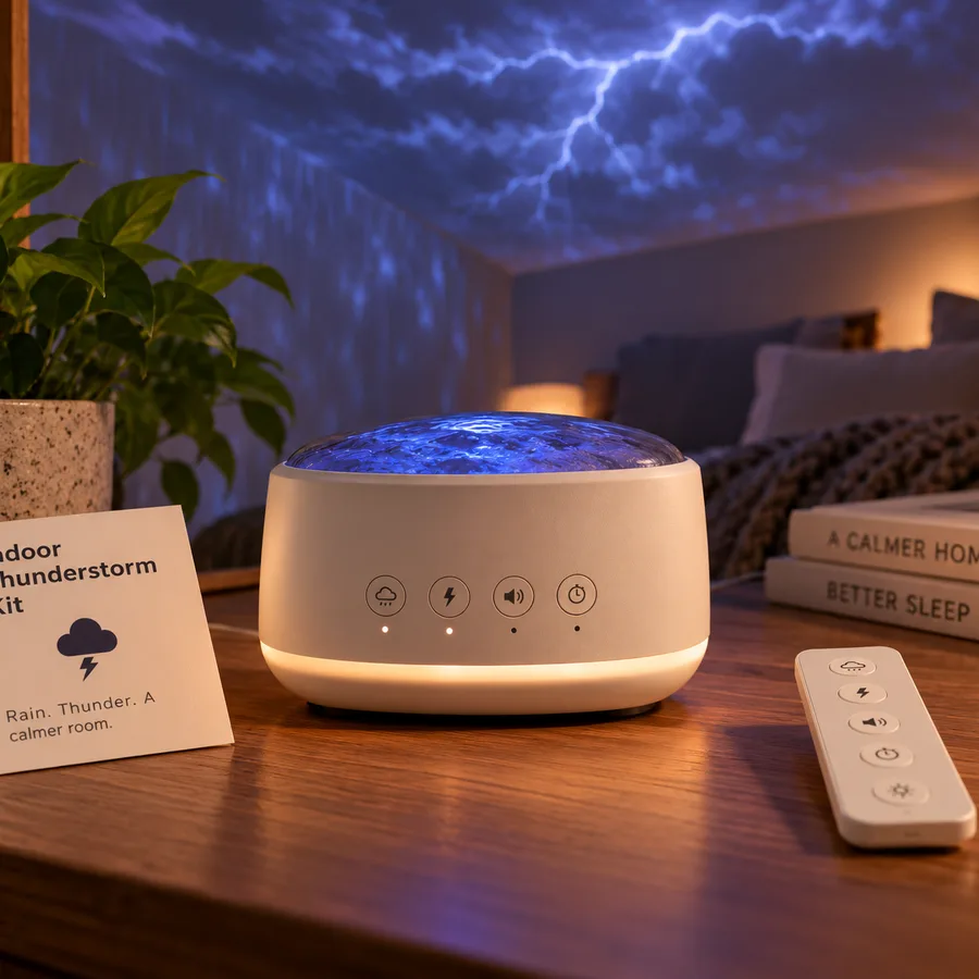 Indoor Thunderstorm Kit: a white storm projector casting lightning on the ceiling, with its card and remote