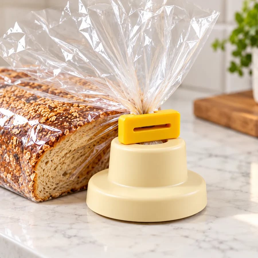 Infinite Bread Clip: a yellow clip on a cream stand sealing a bag of bread