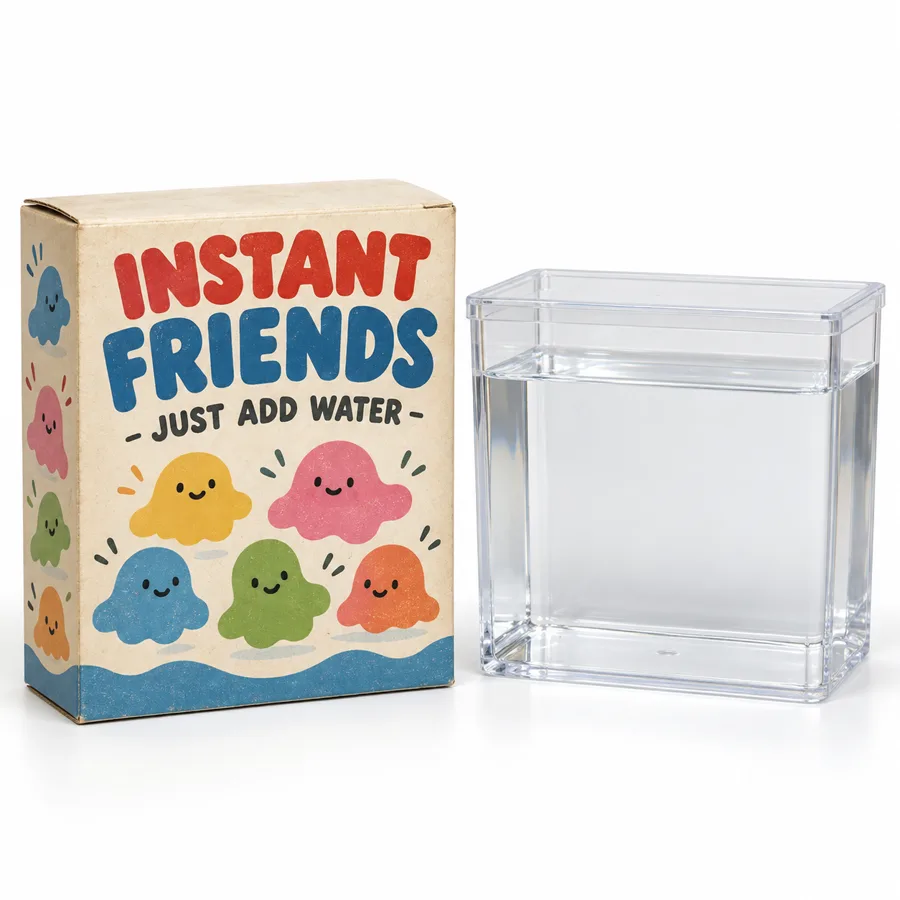 Instant Friends: a retro just-add-water packet next to a small tank of plain water