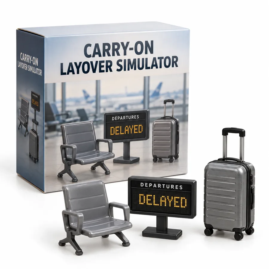 Carry-On Layover Simulator: a box with an airport chair, a delayed sign and a suitcase
