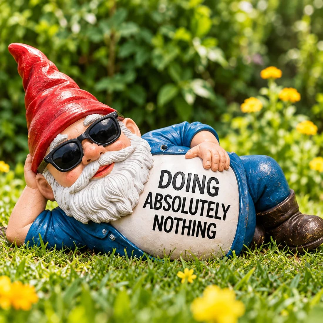 Lazy Gnome: a garden gnome lying on grass with sunglasses and a belly sign that says DOING ABSOLUTELY NOTHING