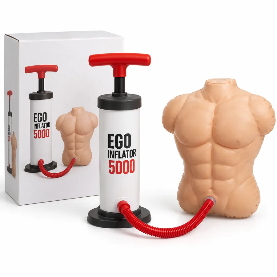 Male Ego Inflator 5000: a hand pump with a hose to a muscle torso balloon