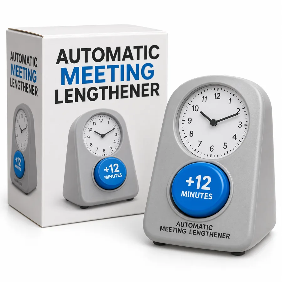 Automatic Meeting Lengthener: a desk clock gadget with a plus twelve minutes button and its box