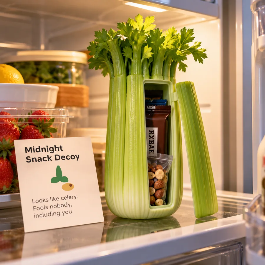 Midnight Snack Decoy: a celery-shaped snack holder in a fridge, with a sign card