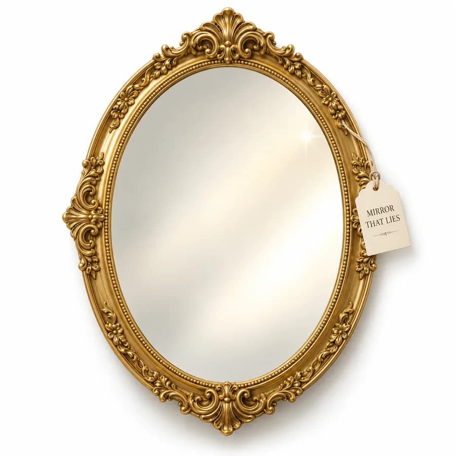 Mirror That Lies: an ornate gold oval mirror with a hang tag