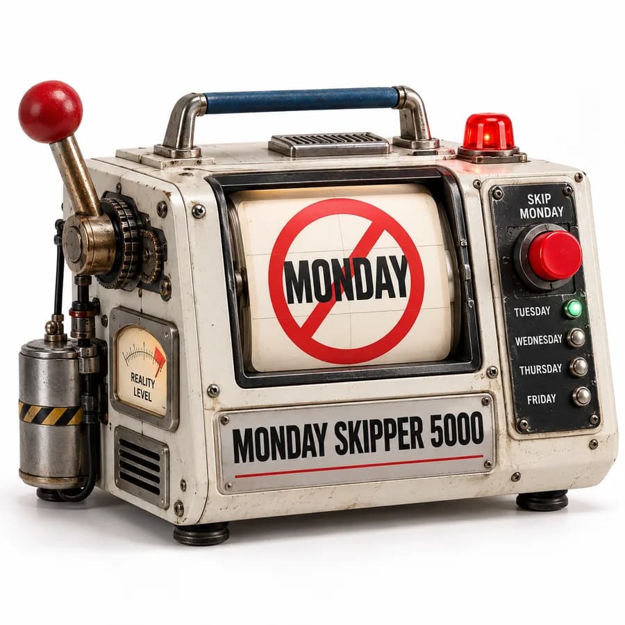 Monday Skipper 5000: a vintage machine with a lever, a no-Monday sign, and a red button
