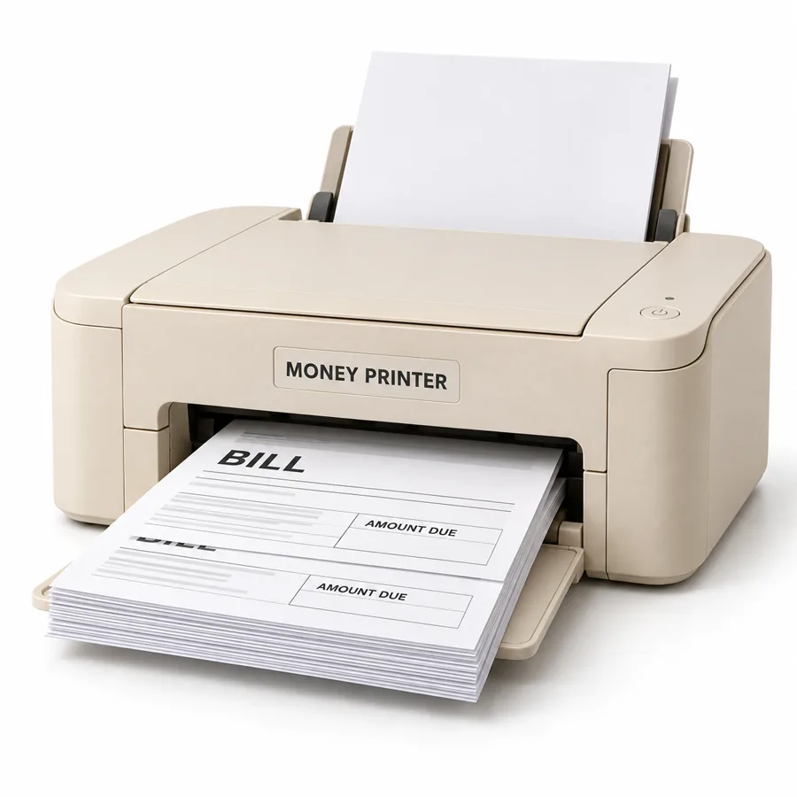 Money Printer: a beige desktop printer printing a stack of household bills