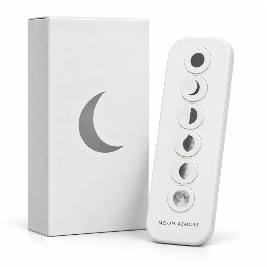 Ceiling Fan Remote for the Moon: a white remote with moon phase buttons beside its box