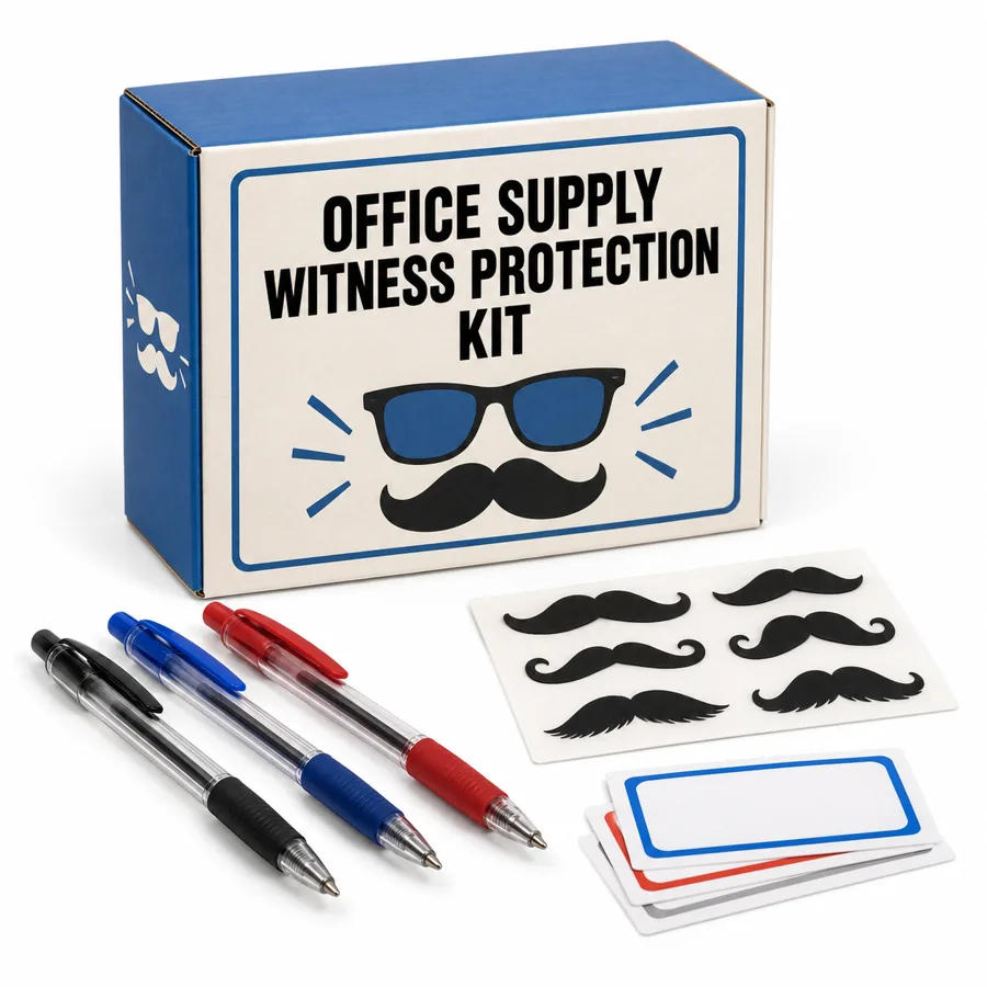 Office Supply Witness Protection Kit: a box with pens, mustache stickers and name tags