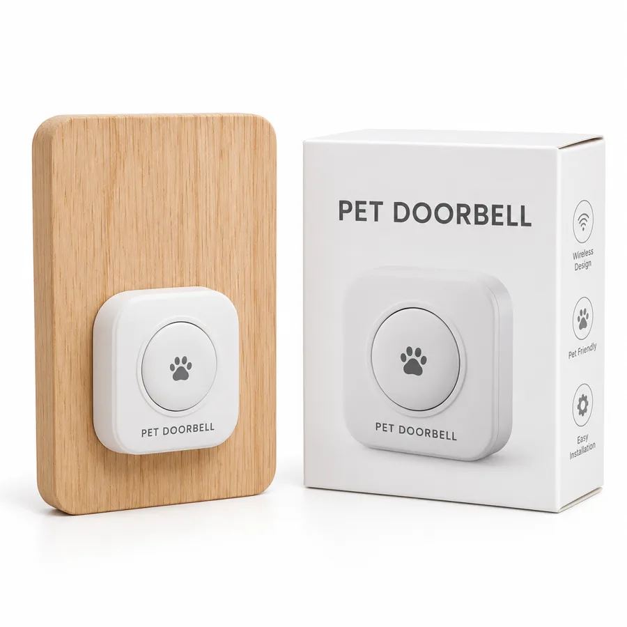Pet Doorbell for Indoor Pets: a low doorbell button on a wooden board with its box