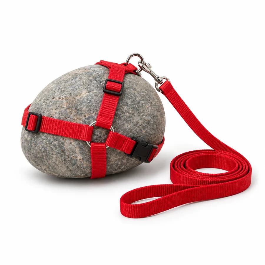 Indoor Pet Rock Leash: a grey rock in a red harness with a coiled red leash