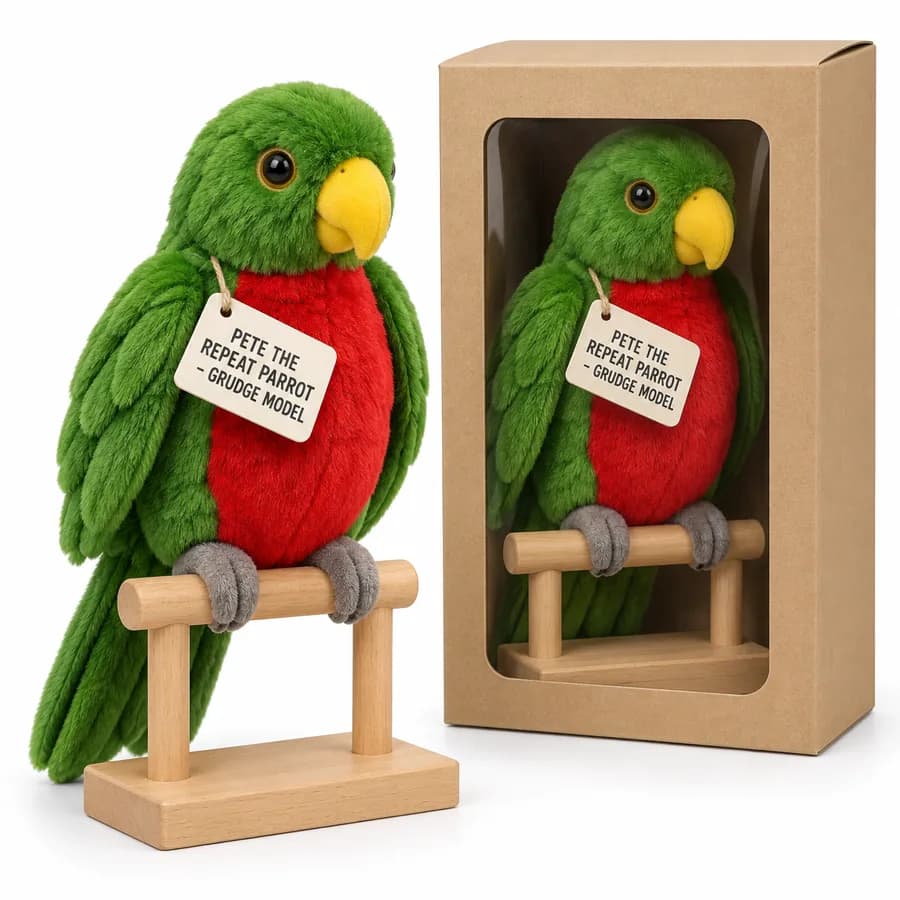 Pete the Repeat Parrot: a plush green parrot on a small wooden perch with a hang tag
