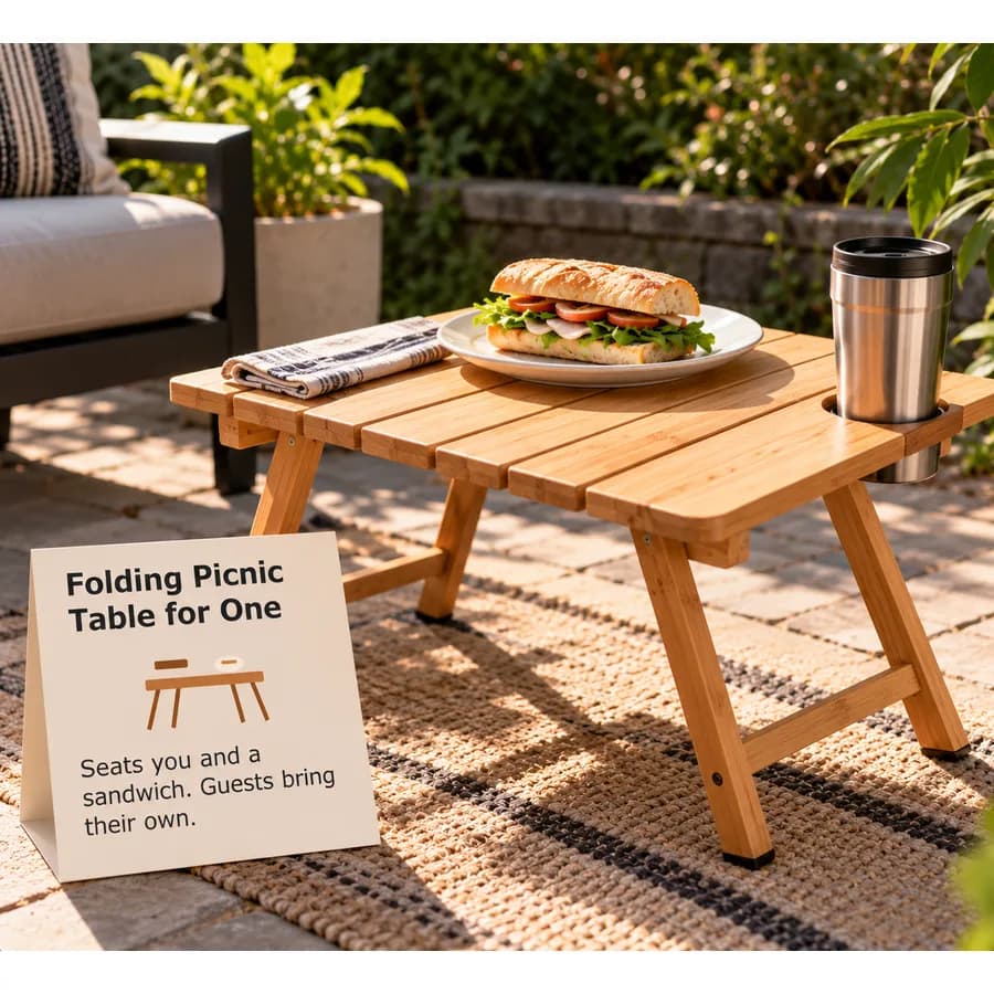 Folding Picnic Table for One with a sandwich and a cup on a patio