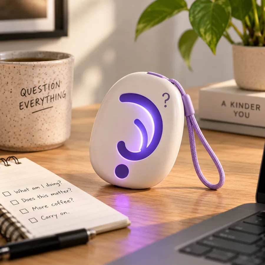 Portable Existential Crisis: a white pocket gadget with a purple glowing question mark and a lilac strap, on a desk
