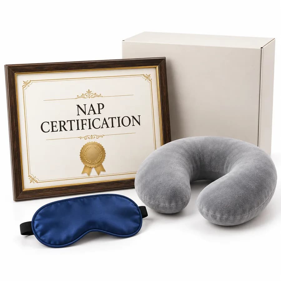 Professional Nap Certification Kit: a certificate, neck pillow, and eye mask