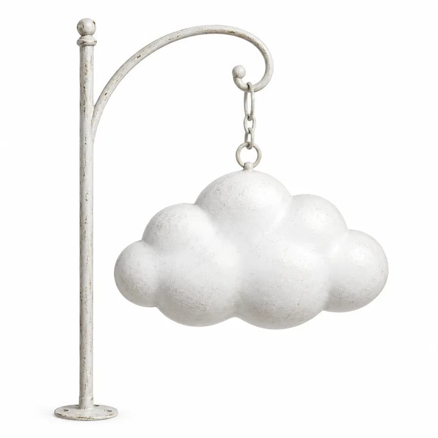Scheduled Patio Cloud: a white cloud-shaped ornament on a hanging bracket