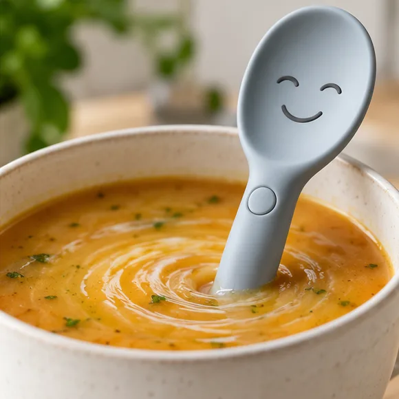 Self-Stirring Spoon: a smiling grey spoon stirring a bowl of soup