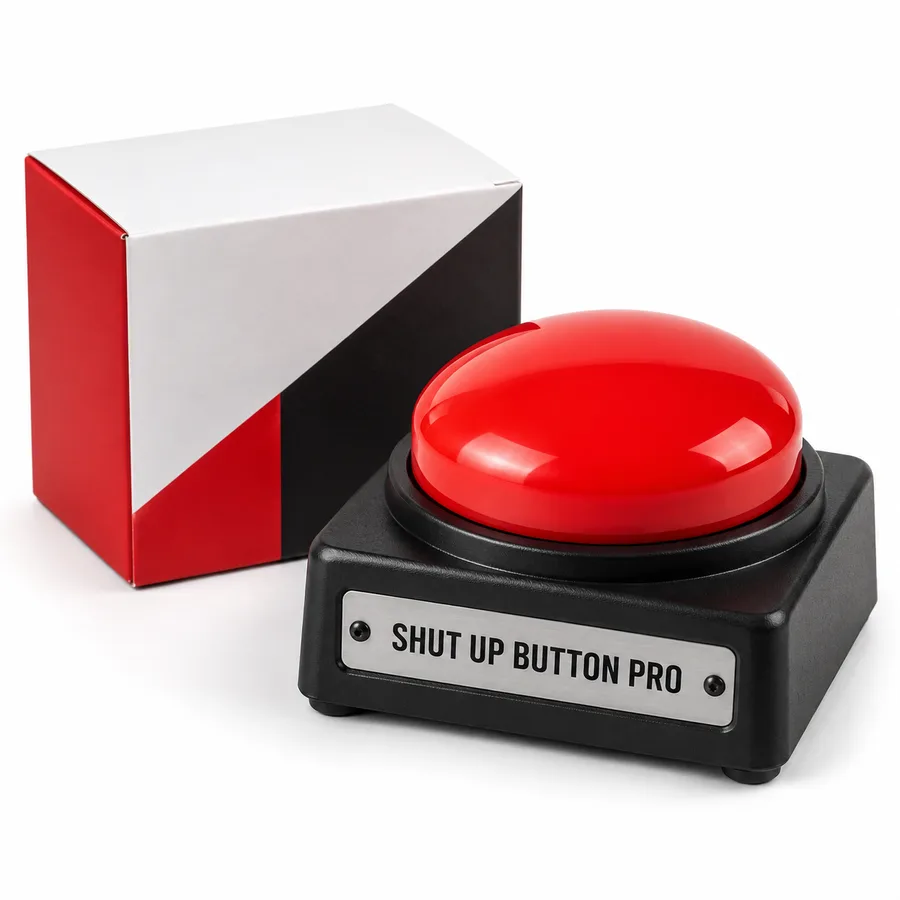 Shut Up Button Pro: a big red push button on a black base