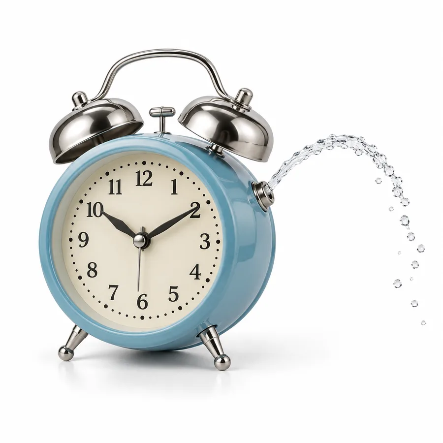 Silent Alarm Clock: a twin-bell alarm clock spraying a thin arc of water