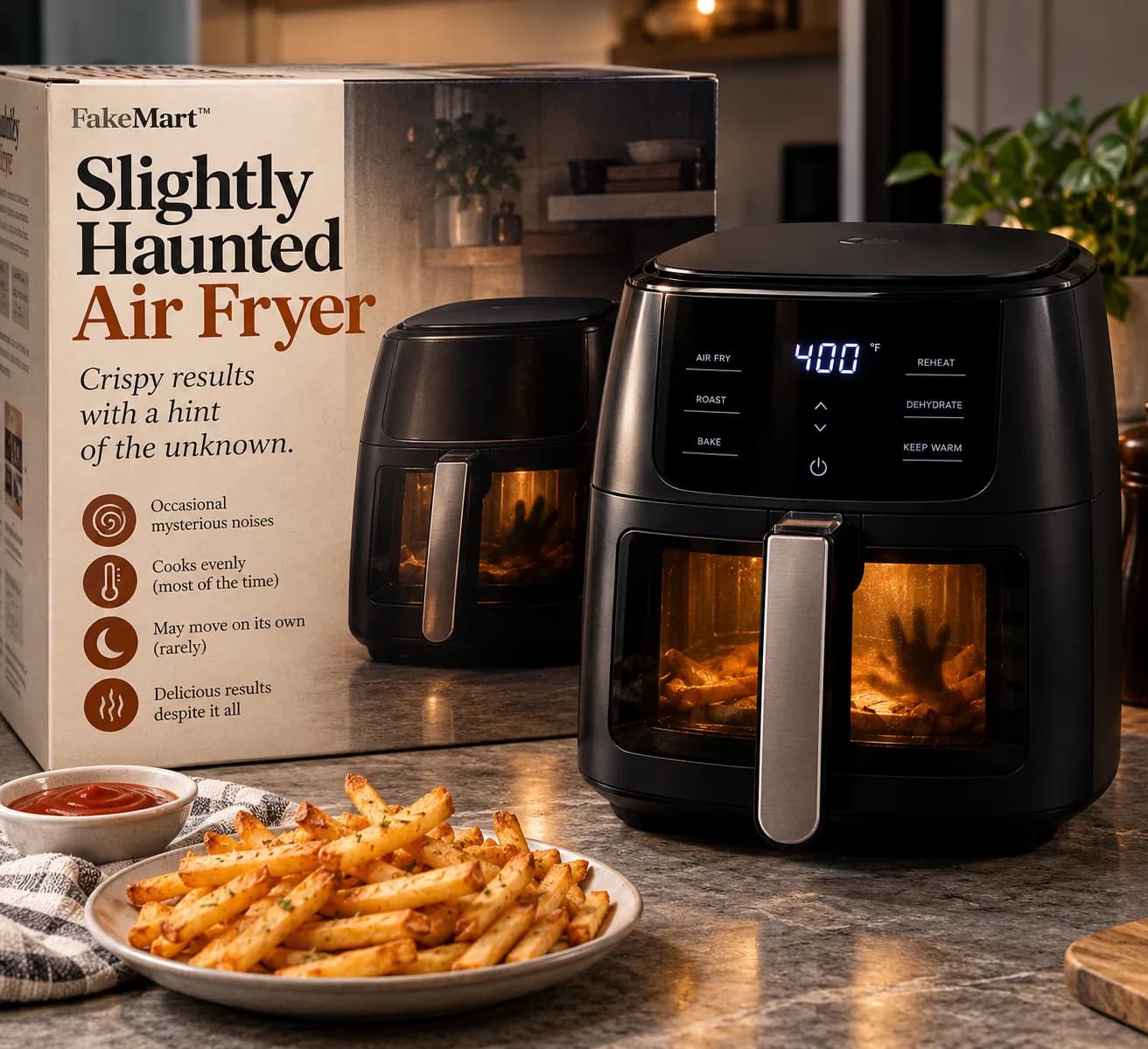 Slightly Haunted Air Fryer next to its FakeMart box and a plate of fries