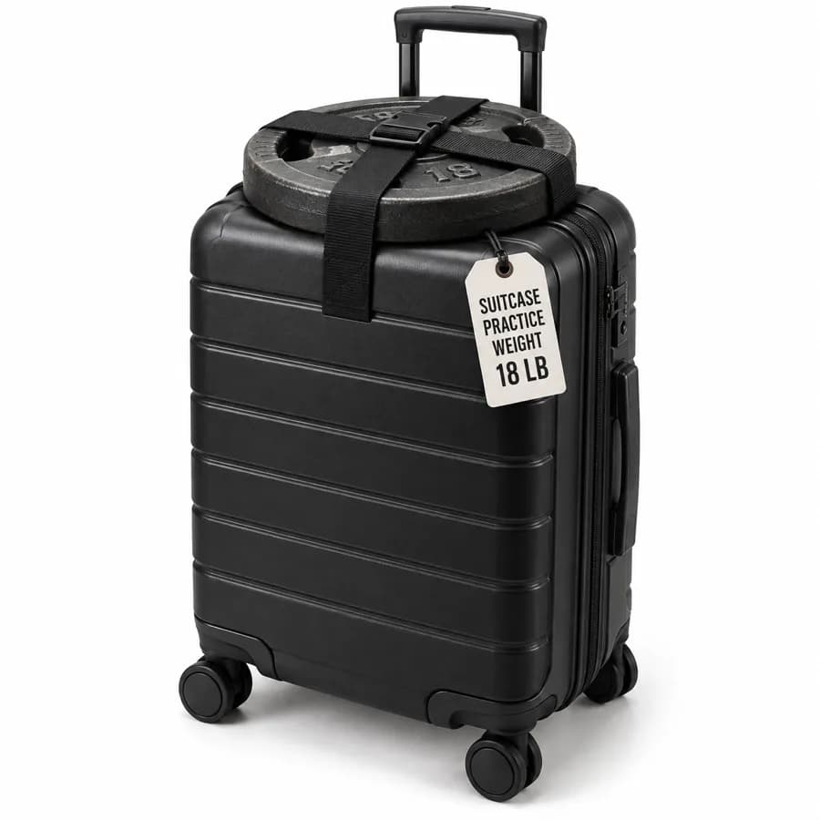 Suitcase Practice Weight: a black suitcase with an iron weight plate strapped on top