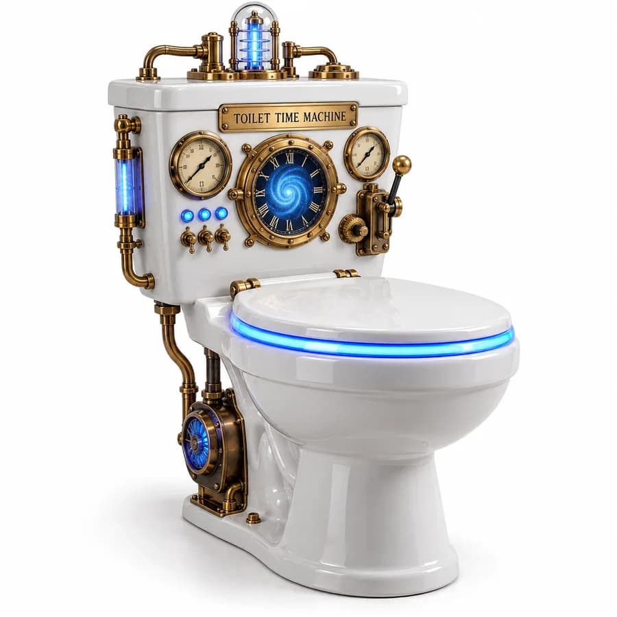 Toilet Time Machine: a toilet with brass gauges and a blue glow ring