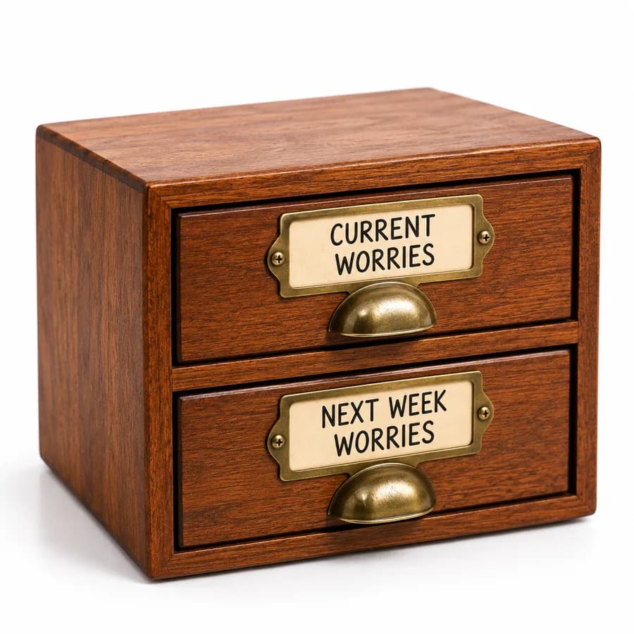 Vintage Worry Drawer: a small wooden chest with two drawers labeled Current Worries and Next Week Worries