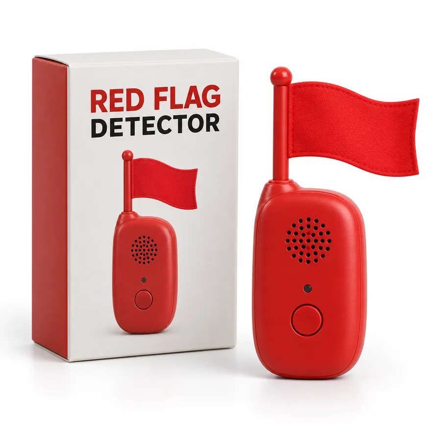 Walking Red Flag Detector: a red handheld unit with a flag, next to its box
