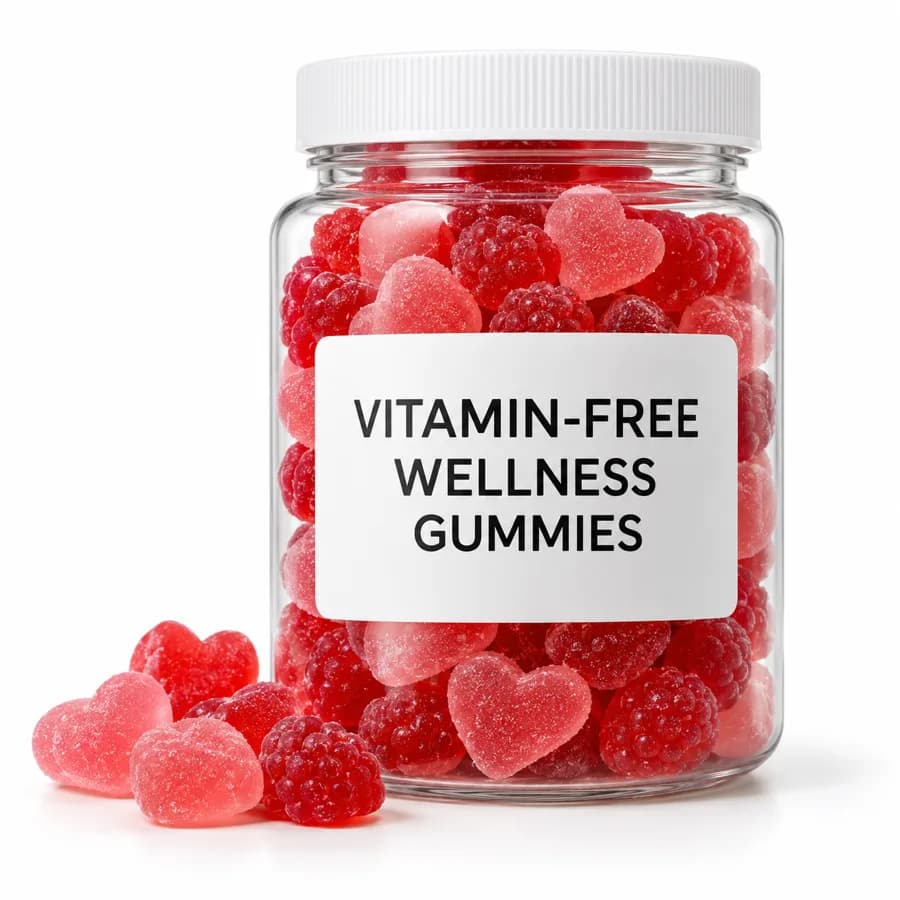 Vitamin-Free Wellness Gummies: a jar of pink gummies