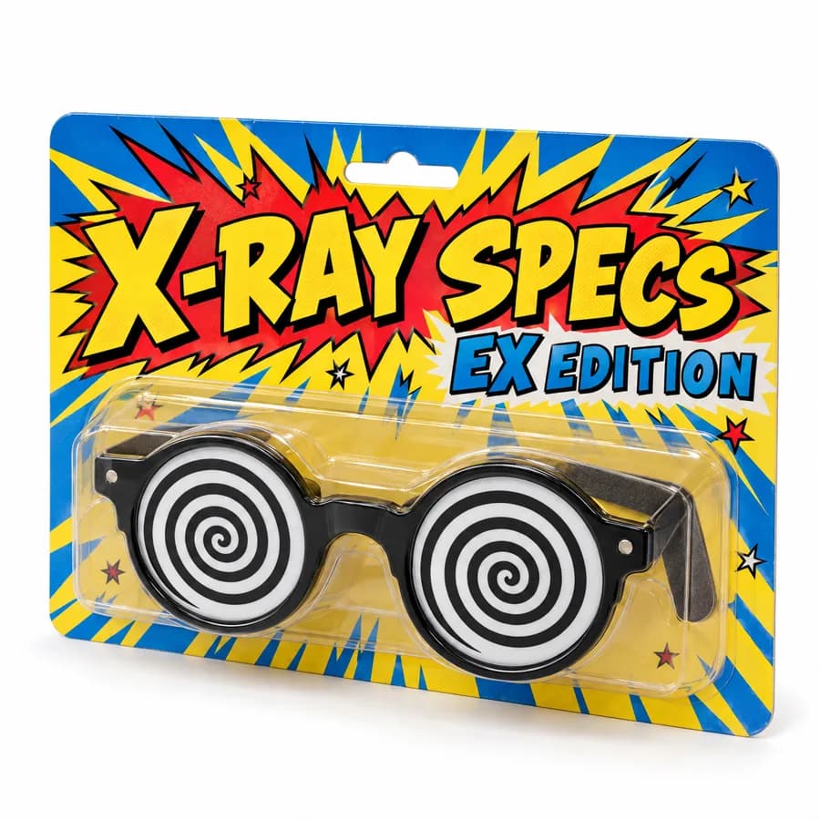 X-Ray Specs (Ex Edition): novelty glasses with swirly white lenses on a retro blister card